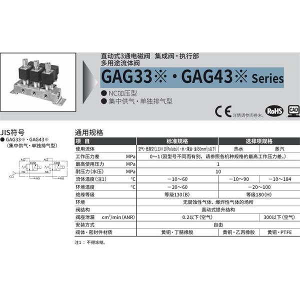 CKD喜開理多種流體直動式2通電磁集成閥GAG331G-1-8-DC 24V