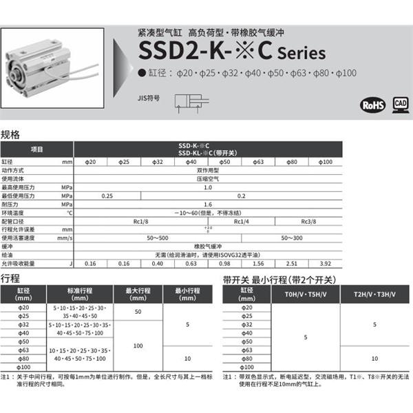 CKD喜開理緊湊型氣缸SSD2-KL-12C-10-T0H-R-N-LB-I