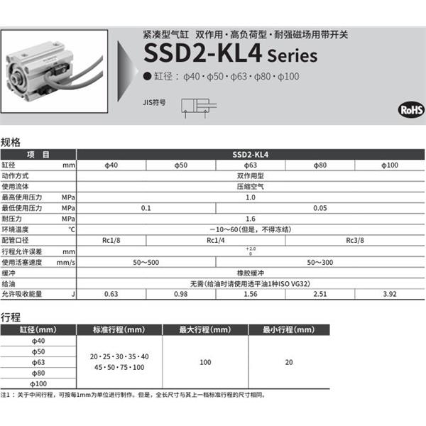 CKD喜開理緊湊型氣缸SSD2-KL4-63-40-V0-D-N-LB-I